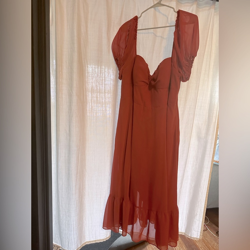 Azazie A-Line Ruched Chiffon Tea-Length Dress Paprika